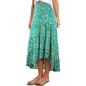 imagePRETTYGARDEN Womens Ditzy Floral Print Midi Skirt Boho Elastic High Waist Long Skirts for Women Trendy High Low HemGreen