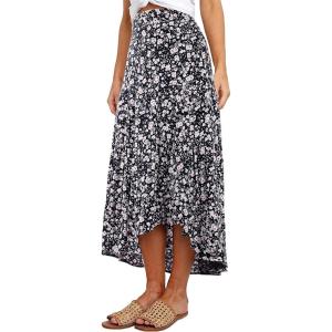 imagePRETTYGARDEN Womens Ditzy Floral Print Midi Skirt Boho Elastic High Waist Long Skirts for Women Trendy High Low HemNavy