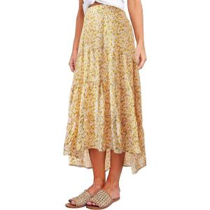 imagePRETTYGARDEN Womens Ditzy Floral Print Midi Skirt Boho Elastic High Waist Long Skirts for Women Trendy High Low HemOyellow