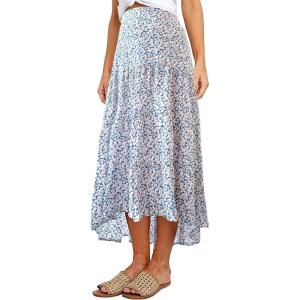 imagePRETTYGARDEN Womens Ditzy Floral Print Midi Skirt Boho Elastic High Waist Long Skirts for Women Trendy High Low HemPblue White