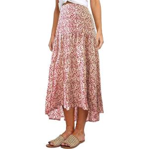 imagePRETTYGARDEN Womens Ditzy Floral Print Midi Skirt Boho Elastic High Waist Long Skirts for Women Trendy High Low HemPred White