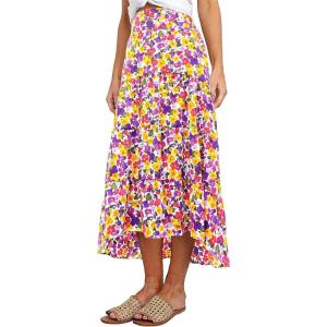 imagePRETTYGARDEN Womens Ditzy Floral Print Midi Skirt Boho Elastic High Waist Long Skirts for Women Trendy High Low HemQwhite Purple