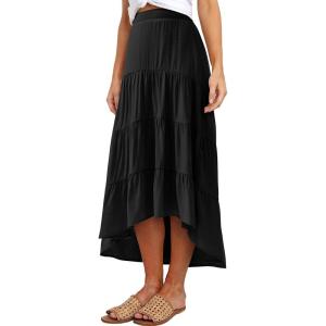 imagePRETTYGARDEN Womens Ditzy Floral Print Midi Skirt Boho Elastic High Waist Long Skirts for Women Trendy High Low HemSblack