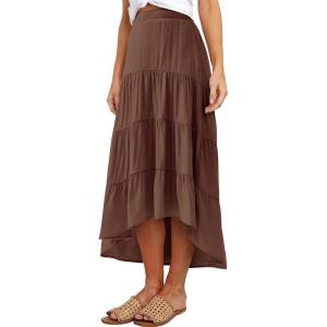 imagePRETTYGARDEN Womens Ditzy Floral Print Midi Skirt Boho Elastic High Waist Long Skirts for Women Trendy High Low HemSbrown
