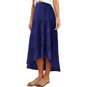 imagePRETTYGARDEN Womens Ditzy Floral Print Midi Skirt Boho Elastic High Waist Long Skirts for Women Trendy High Low HemSnavy