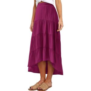 imagePRETTYGARDEN Womens Ditzy Floral Print Midi Skirt Boho Elastic High Waist Long Skirts for Women Trendy High Low HemSrose Red
