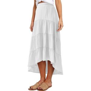 imagePRETTYGARDEN Womens Ditzy Floral Print Midi Skirt Boho Elastic High Waist Long Skirts for Women Trendy High Low HemSwhite