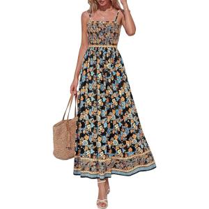 imagePRETTYGARDEN Womens Floral Maxi Dress Boho Casual 2026 Summer Spaghetti Strap Smocked Sleeveless Flowy Beach Vacation DressesBlack