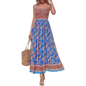 imagePRETTYGARDEN Womens Floral Maxi Dress Boho Casual 2026 Summer Spaghetti Strap Smocked Sleeveless Flowy Beach Vacation DressesBlue