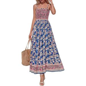 imagePRETTYGARDEN Womens Floral Maxi Dress Boho Casual 2026 Summer Spaghetti Strap Smocked Sleeveless Flowy Beach Vacation DressesDark Blue