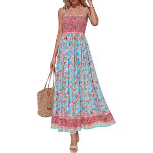 imagePRETTYGARDEN Womens Floral Maxi Dress Boho Casual 2026 Summer Spaghetti Strap Smocked Sleeveless Flowy Beach Vacation DressesLight Blue