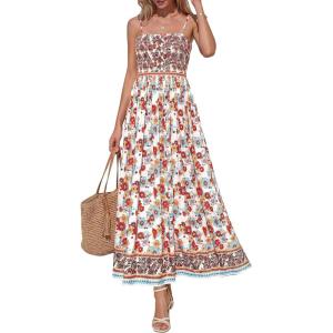 imagePRETTYGARDEN Womens Floral Maxi Dress Boho Casual 2026 Summer Spaghetti Strap Smocked Sleeveless Flowy Beach Vacation DressesWhite