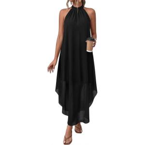 imagePRETTYGARDEN Womens Flowy Maxi Dresses Summer 2026 Halter Sleeveless Long Asymmetrical Spring Dress Beach Vacation SundressBlack