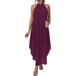imagePRETTYGARDEN Womens Flowy Maxi Dresses Summer 2026 Halter Sleeveless Long Asymmetrical Spring Dress Beach Vacation SundressBurgundy