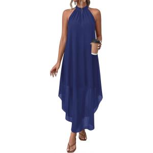 imagePRETTYGARDEN Womens Flowy Maxi Dresses Summer 2026 Halter Sleeveless Long Asymmetrical Spring Dress Beach Vacation SundressDark Blue