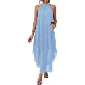 imagePRETTYGARDEN Womens Flowy Maxi Dresses Summer 2026 Halter Sleeveless Long Asymmetrical Spring Dress Beach Vacation SundressLight Blue