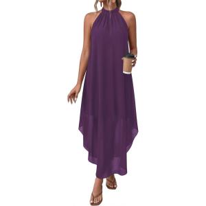 imagePRETTYGARDEN Womens Flowy Maxi Dresses Summer 2026 Halter Sleeveless Long Asymmetrical Spring Dress Beach Vacation SundressPurple