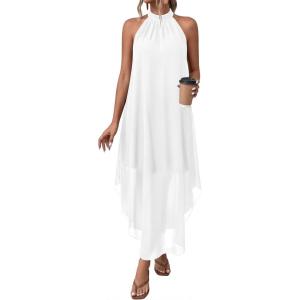 imagePRETTYGARDEN Womens Flowy Maxi Dresses Summer 2026 Halter Sleeveless Long Asymmetrical Spring Dress Beach Vacation SundressWhite