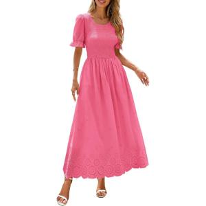 imagePRETTYGARDEN Womens Maxi Smocked Eyelet Dress Summer 2026 Short Puff Sleeve Long Flowy Boho Beach Party Sun Dresses PocketsPink