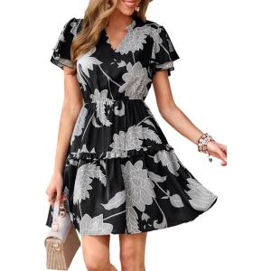 imagePRETTYGARDEN Womens Summer Floral Mini Dress 2026 Trendy Ruffle Short Sleeve V Neck Flowy A Line Short Beach DressesBlack Big Floral