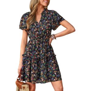 imagePRETTYGARDEN Womens Summer Floral Mini Dress 2026 Trendy Ruffle Short Sleeve V Neck Flowy A Line Short Beach DressesFloral Black Multicolored