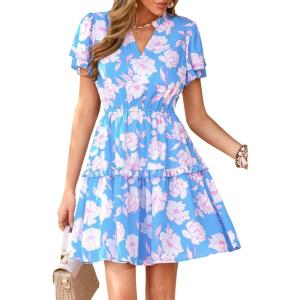 imagePRETTYGARDEN Womens Summer Floral Mini Dress 2026 Trendy Ruffle Short Sleeve V Neck Flowy A Line Short Beach DressesFloral Sky Blue White