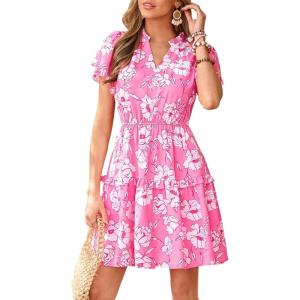 imagePRETTYGARDEN Womens Summer Floral Mini Dress 2026 Trendy Ruffle Short Sleeve V Neck Flowy A Line Short Beach DressesPink Floral
