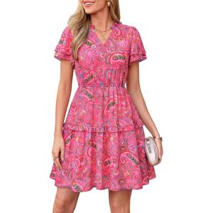 imagePRETTYGARDEN Womens Summer Floral Mini Dress 2026 Trendy Ruffle Short Sleeve V Neck Flowy A Line Short Beach DressesRose Red Floral