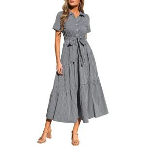 imagePRETTYGARDEN Womens Summer Maxi Button Up Shirt Dress 2026 Short Sleeve Striped A Line Long Flowy Elegant Spring DressesBlack Striped