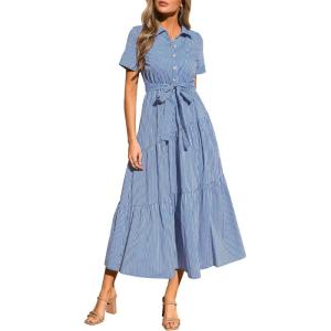imagePRETTYGARDEN Womens Summer Maxi Button Up Shirt Dress 2026 Short Sleeve Striped A Line Long Flowy Elegant Spring DressesBlue Striped