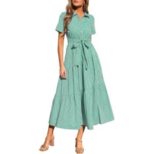 imagePRETTYGARDEN Womens Summer Maxi Button Up Shirt Dress 2026 Short Sleeve Striped A Line Long Flowy Elegant Spring DressesGreen Striped
