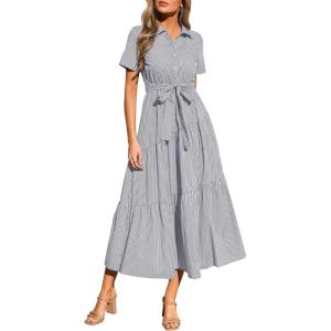 imagePRETTYGARDEN Womens Summer Maxi Button Up Shirt Dress 2026 Short Sleeve Striped A Line Long Flowy Elegant Spring DressesGrey Striped