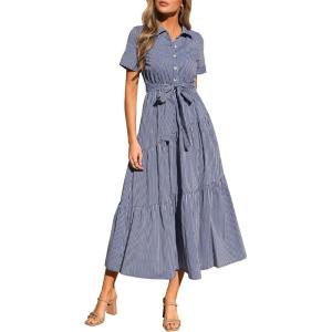 imagePRETTYGARDEN Womens Summer Maxi Button Up Shirt Dress 2026 Short Sleeve Striped A Line Long Flowy Elegant Spring DressesNavy Blue Striped