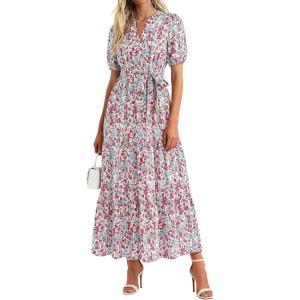 imagePRETTYGARDEN Womens Summer Maxi Dresses Boho Floral Short Sleeve V Neck Casual Wedding Guest 2026 Beach Vacation OutfitsFloral Beige Multicolored