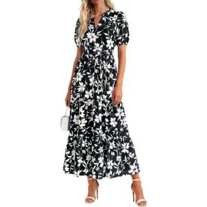 imagePRETTYGARDEN Womens Summer Maxi Dresses Boho Floral Short Sleeve V Neck Casual Wedding Guest 2026 Beach Vacation OutfitsFloral Black White