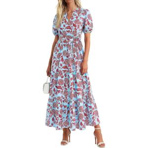 imagePRETTYGARDEN Womens Summer Maxi Dresses Boho Floral Short Sleeve V Neck Casual Wedding Guest 2026 Beach Vacation OutfitsFloral Blue Brown