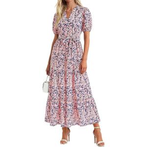 imagePRETTYGARDEN Womens Summer Maxi Dresses Boho Floral Short Sleeve V Neck Casual Wedding Guest 2026 Beach Vacation OutfitsFloral Navy Blue