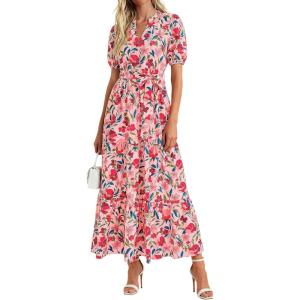 imagePRETTYGARDEN Womens Summer Maxi Dresses Boho Floral Short Sleeve V Neck Casual Wedding Guest 2026 Beach Vacation OutfitsFloral Orange Pink Red