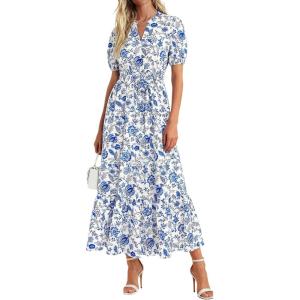 imagePRETTYGARDEN Womens Summer Maxi Dresses Boho Floral Short Sleeve V Neck Casual Wedding Guest 2026 Beach Vacation OutfitsFloral White Blue