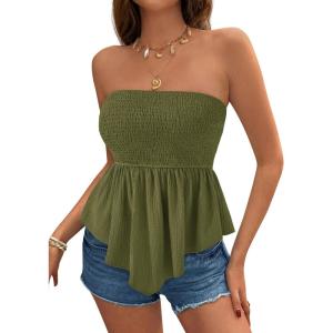 imagePRETTYGARDEN Peplum Tube Tops for Women Trendy Summer Going Out 2026 Spring Strapless Bandeau Smocked Flowy Babydoll ShirtsArmy Green