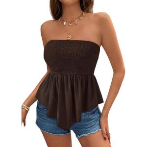 imagePRETTYGARDEN Peplum Tube Tops for Women Trendy Summer Going Out 2026 Spring Strapless Bandeau Smocked Flowy Babydoll ShirtsDark Brown