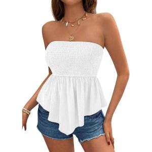 imagePRETTYGARDEN Peplum Tube Tops for Women Trendy Summer Going Out 2026 Spring Strapless Bandeau Smocked Flowy Babydoll ShirtsWhite