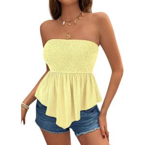 imagePRETTYGARDEN Peplum Tube Tops for Women Trendy Summer Going Out 2026 Spring Strapless Bandeau Smocked Flowy Babydoll ShirtsYellow