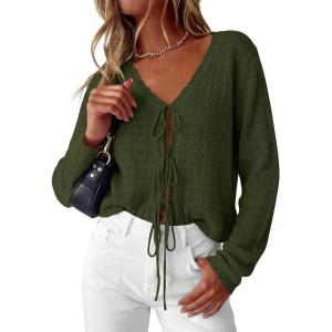 imagePRETTYGARDEN Womens Tie Front Cardigan 2026 Summer Boho Crochet Knit Cover Up Beach Vacation Hollow Out Lightweight TopsArmy Green