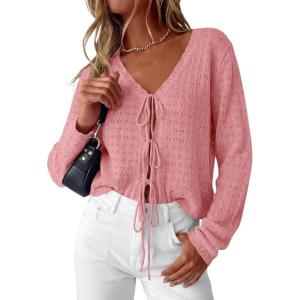 imagePRETTYGARDEN Womens Tie Front Cardigan 2026 Summer Boho Crochet Knit Cover Up Beach Vacation Hollow Out Lightweight TopsPink