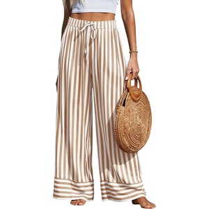 image:imagePRETTYGARDEN Womens Palazzo Pants 2026 Summer Striped Wide Leg Trousers Elastic Waist Flowy Lounge Pant PocketsStriped Khaki White