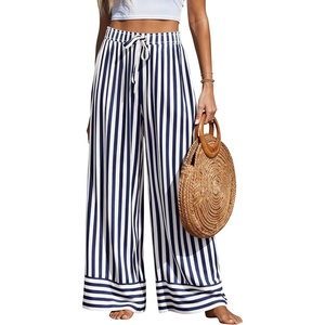 image:imagePRETTYGARDEN Womens Palazzo Pants 2026 Summer Striped Wide Leg Trousers Elastic Waist Flowy Lounge Pant PocketsStriped Navy White