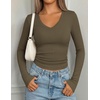 image:imagePRETTYGARDEN Long Sleeve Shirts for Women 2026 Fall V Neck Basic Tee Casual Fitted Ribbed Going Out Tops Kint Y2K ClothesArmy Green