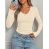 image:imagePRETTYGARDEN Long Sleeve Shirts for Women 2026 Fall V Neck Basic Tee Casual Fitted Ribbed Going Out Tops Kint Y2K ClothesBeige