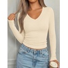 image:imagePRETTYGARDEN Long Sleeve Shirts for Women 2026 Fall V Neck Basic Tee Casual Fitted Ribbed Going Out Tops Kint Y2K ClothesBeige